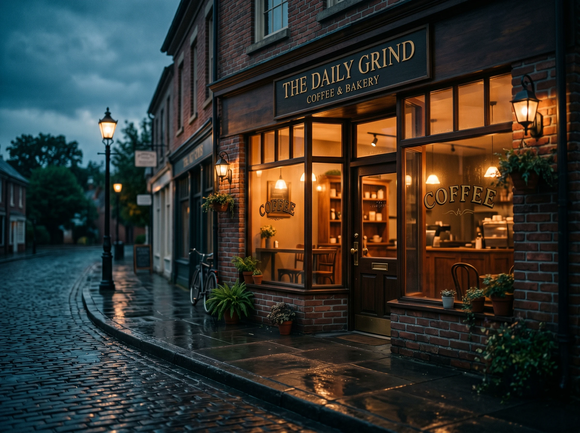 The Just Espresso shopfront glowing at dusk on Main Street